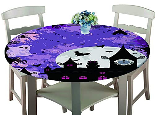 Rondes Imperméable Nappe avec Bord élastique, Treer 3D Halloween Anti-Taches Lavable Entretien Facile Nappes Imprimé Citrouille Nappe de Table pour Cuisine Picnic Jardin (Ciel Violet,120cm)