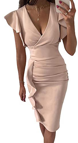 Geagodelia Abito da Donna Elegante con Manica Corta Abito Corto Donna Estivo con Scollo a V Profondo in Tinta Unita Abito Donna Cocktail da Sera (Albicocca, L)