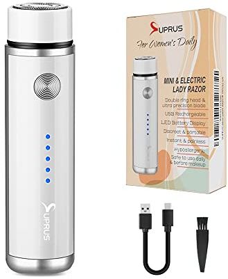 SUPRUS Frauen USB wiederaufladbarer Elektrorasierer für Gesicht Bart Schnurrbart Arm Bein Achselhöhle Bikini LED Batterieanzeige Kabellos (Weiß)