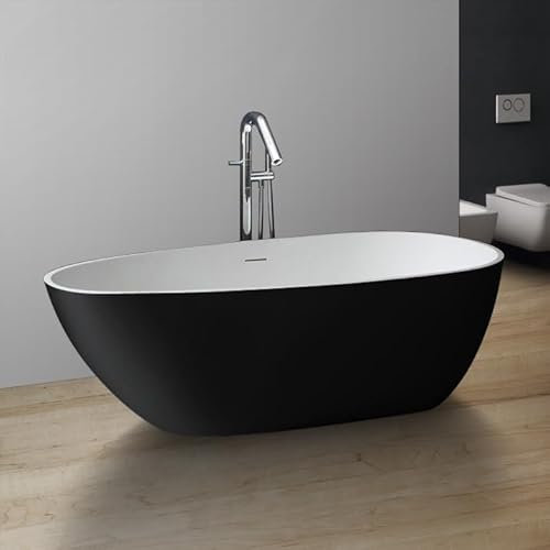 StoneArt Freistehende Badewanne aus Mineralguss Design Gussmarmor Standbadewanne moderne Wanne freistehend inkl. Ablaufgarnitur BS-525 185x83 schwarz-weiß matt