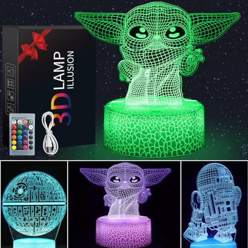 Likohee 3D Illusion Star Wars Nachtlicht für Kinder. 3 Muster Baby Yoda LED-Nachtlampe, Baby Yoda Spielzeug 7 Farben 16 Änderungen, tolle Weihnachtsgeburtstagsgeschenke für Star Wars