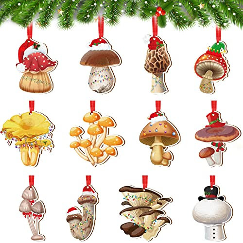 12 Pieces Christmas Mushroom Christmas Tree Ornament Vintage Mushroom Decor Mushroom Decorations Wooden Christmas Ornaments Decorative Hanging Ornaments for Christmas Home Decor (Mushroom)