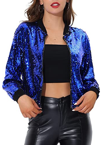 Allegra K Damen Glitzer Jacke Bomberjacke Pailletten Bomber Jacke Langarm Party Club Metallic Sequin Jacken Blau L
