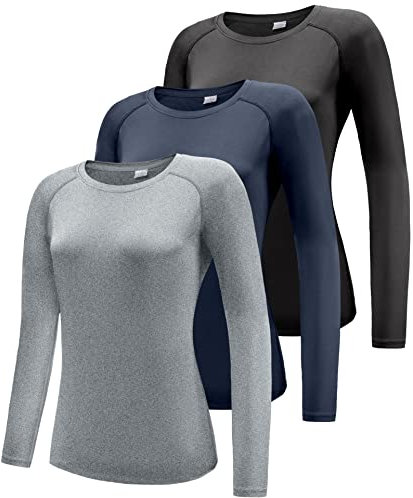 Boyzn Women's 3 Pack Short/Long Sleeve Workout Running Shirts, UPF 50+ Sun Protection Shirts, Athletic Exercise Gym T-Shirts-Black/Navy/Grey-S