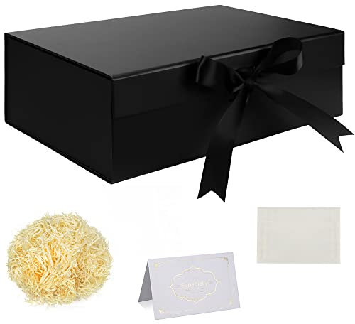 Schwarz Geschenkbox mit Schleife 32x22x10cm Große Geschenkbox mit Magnetdeckeln zerrissenes Seidenpapier Grußkarten für Weihnachten Geburtstag Hochzeitstag