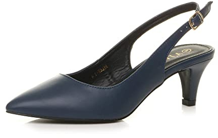 AJVANI Womens Ladies Low mid Heel 50s Slingback Buckle Pointed Court Shoes Size