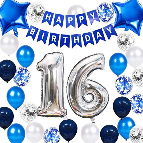 16. Geburtstag Dekoration Junge, Geburtstagsdeko 16 Jahre Junge, 16 Geburtstag Deko, 16 Ballon Blau Deko, Luftballon 16. Geburtstag Party Deko Junge Blau, Deko 16 Geburtstag Junge(16.)