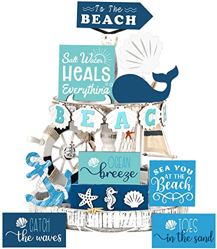 11 Pieces Summer Hawaii Tiered Tray Decor Set Summer Wood Sign Rustic Farmhouse Decor Summer Beach Sunshine Tiered Tray Decorative Trays Signs for Outdoor Home Table Holiday