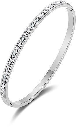 Philip Jones Stainless Steel Channel Set Bangle Created with Zircondia® Crystals (7 Inch)