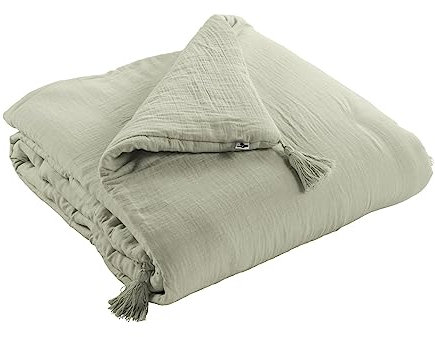 Mylittlebed Edredon Dessus de lit L’Effet Papillon 90x200 cm – Chemin de lit 100% Gaze de Coton avec Finition Pompons [ Dessus de Lits et Couvre-Lits ] (Vert d'eau)