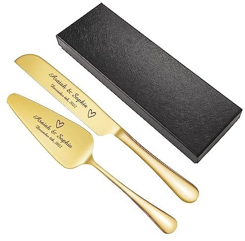 TEAYASON Personalised Wedding Cake Knife and Server Set, Stainless Steel Cake Cutting Set, Cake Cutter and Cake Slice Set Gifts for Wedding, Engagement, Anniversary, Party(Gold)