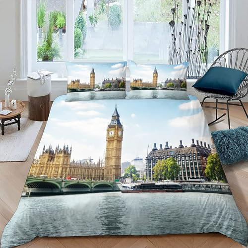 AASIRA Bettwäsche London Big Ben Bettbezug 155x220 mit Reißverschluss 100% Mikrofaser Bettwäsche-Sets Stadtansicht 3D Druck Kinder Teenager Pflegeleicht Betten Set mit 2 Kissenbezüge 80x80 cm