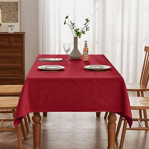 BALCONY & FALCON Table Cloth Waterproof Washable Holly Red 145x300cm | Rectangular, Faux Linen, Heavyweight, Wrinkle Resistant, Wipe Clean, Farmhouse, Dining, Kitchen, Wedding, Party, Outdoor