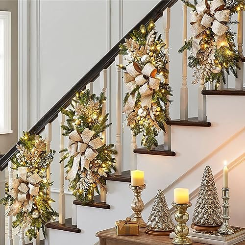 Starnearby Ghirlanda Natalizia per Scale Ghirlanda di Natale con Luci Corona Porta Natale Luci Decorazione Scala Natale Ghirlanda Natalizia Illuminata per Porta d'ingresso, Finestra
