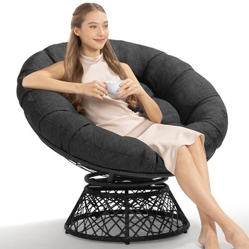 Bme 40 Ergonomic Wicker Papasan Chair with Soft Thick Density Fabric Cushion, High Capacity Steel Frame, 360 Degree Swivel for Living, Bedroom, Reading Room, Lounge, Onyx Stone
