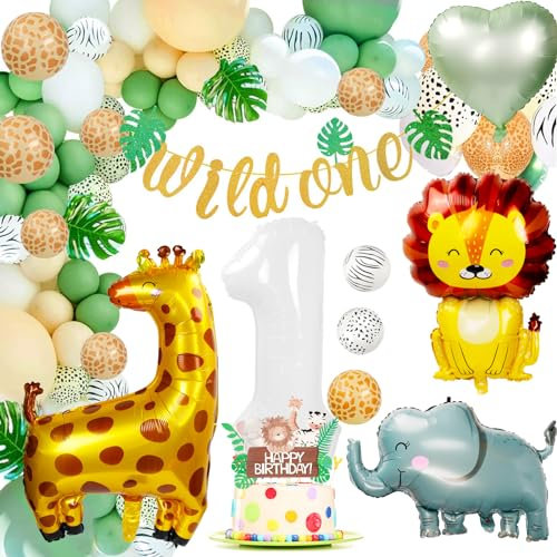 Kindergeburtstag Deko 1 Jahr, 65 Stück Luftballons 1. Geburtstag Junge Mädchen Waldtiere Geburtstagsdeko Wild One Tortendeko Geburtstag Banner Girlande für Erster Geburtstag Kinder