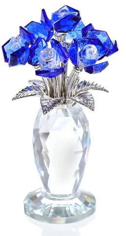 Movdyka Crystal Bule Rose Bouquet Figurines Gifts for Women Romantic Flowers Ornament for Home Sapphire Anniversary Birthday Valentine's Day Presents for Girlfriend Wife Partner