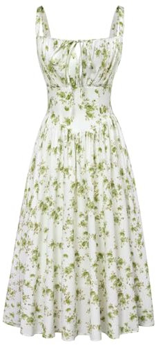 SCARLET DARKNESS Viktorianische Damen Corsagenkleid Hohe Taille mit Taschen Floral Dress Weiß-Grün Blumen S