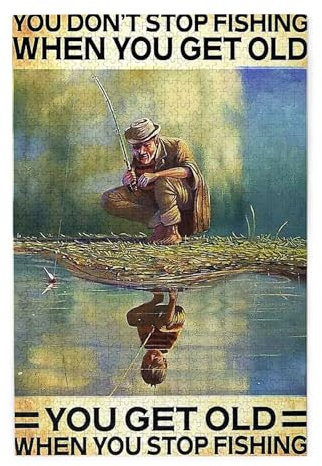Wooden Jigsaw Puzzle 1000 Piece Fishing Man By The River Wall Poster Retro You Don't Stop Fishing When You Get Old Jigsaw Puzzles