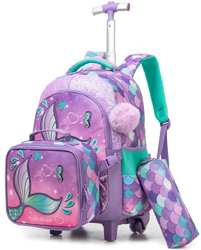 HTgroce Meerjungfrauen Kinder Trolley Rucksack Schulranzen mit Rollen Schultasche für Mädchen Schüler Kindergepäck Reisegepäck Kindertrolley Reisekoffer Schulranzen Trolley Mädchen 6 jahre