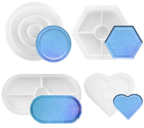 FINEASY 4PCS Resin Moulds Silicone Coasters, Trays Epoxy Resin Moulds, Round Hexagonal Coaster Silicone Moulds for Resin, Oval Love Shape Resin Molds Great for DIY Home Decor Crafts