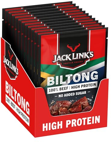 Jack Links Biltong Jerky Original – 12er Pack (12 x 20g) – Glutenfreier Fleisch Snack - High Protein Reiches Trockenfleisch für Gym, Fitness, Outdoor - Kalorienarme Protein Snacks - Rindfleisch Chips
