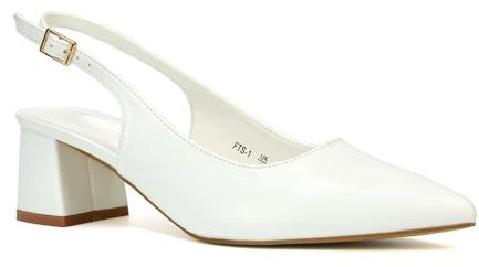 Womens Court Shoes Ladies Block Low Heel Point Toe Slingback Evening White Synthetic Leather Classic Pumps Shoes Size 3