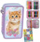 Goldkids - Federmäppchen 3 Fächer - Mäppchen für Mädchen - Federmappe 3-Fach Federtasche Gefüllte Schüleretui 43-teilig - Schulmäppchen und Hausaufgabenheft - Motiv - Katze