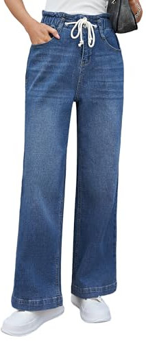 Roskiky Y2k Jean pour femme - Coupe large - Taille élastique - Coupe large - Taille élastique, Bleu foncé, XS