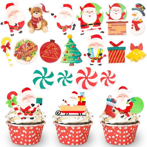 DazzJoy 60 Stück Tortendeko Weihnachten Essbar,Esspapier Tortendeko Weihnachten,Esspapier Weihnachten Deko,Weihnachten Muffin Deko Essbar,Essbare Cupcake Topper,Torten Deko Essbar,Kuchen Deko Essbar