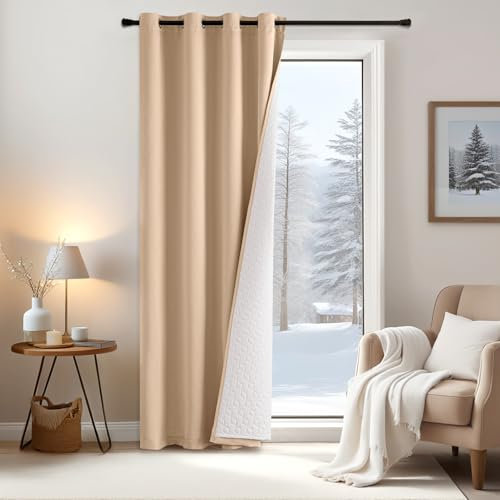 EMEMA Cortinas Opacas, Cortina Térmica de Doble Capa, Aislante Térmico, Protección contra el Frío y el Viento, Cortina de Oscurecimiento, Ideal para Invierno, 1 Pieza, 175x132 cm, Beige