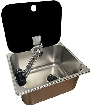 Fregadero pica lavabo pequeño camper autocaravana 32x26 cm con tapa incluye grifo agua fria 12v y desague acodado