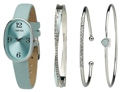 TIME100 Set Montre Ovale pour Femme avec Bracelet en Cuir et Cristal de qualité supérieure - Bleu