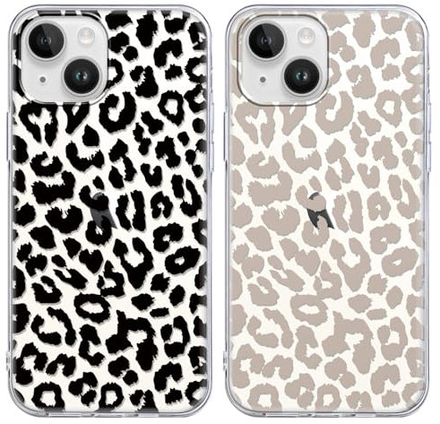 Yoedge 2 Stück Handyhülle für iPhone 15 Hülle 6,1, Leopard Muster Frauen Mädchen Aesthetic Handyhülle, Transparent Dünn Weich Silikon Slim Fit Stoßfest Kratzfest Schutzhülle für iPhone 15