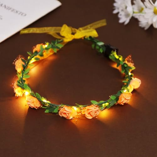 Blumenkranz Haare Leuchtend, LED Haarschmuck Blume, Haarkranz Leuchtend, Leucht Haarreif Festival, LED Kopfschmuck für Frauen Braut Mädchen für Karneval Halloween Hochzeiten (Orange)
