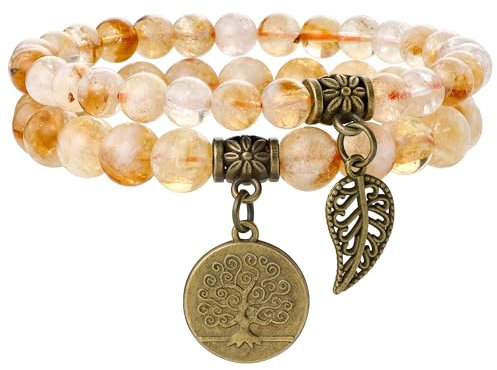 Farfume Chakra Armbänder für Frauen - Kristalle Armband Frauen natürliche Edelsteine Yoga Reiki - Ein Satz von Doppel-Armbänder(Citrin & LifeTree(Mittel)