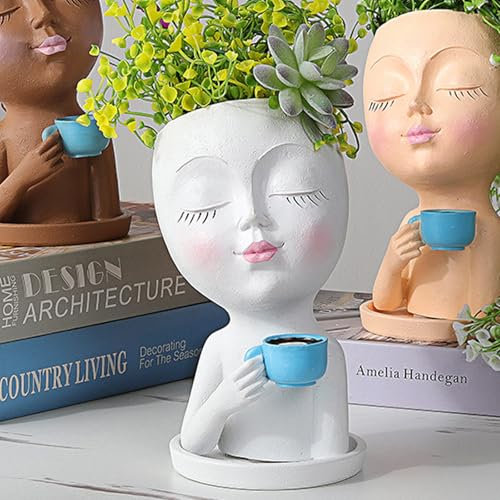 Luyi-Life Coffee Girl Head Planter Pot for Succulent Plant/Cactus,Cute Face Flower Pot Indoor Outdoor Resin Planter with Drainage Hole,Head Plants Flower Pot for Home Office Garden Decoration