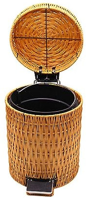 Rattan Double Layer Dustbin with Lid and Foot Pedal for Home Kitchen Bedroom Bathroom Yellow