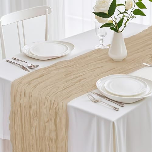 Chemin de Table 90 x 400 cm Chemin de Table Gaze de Coton Style Boho Chemin de Table Mousseline pour Mariage, fête Anniversaire Décor (Beige)