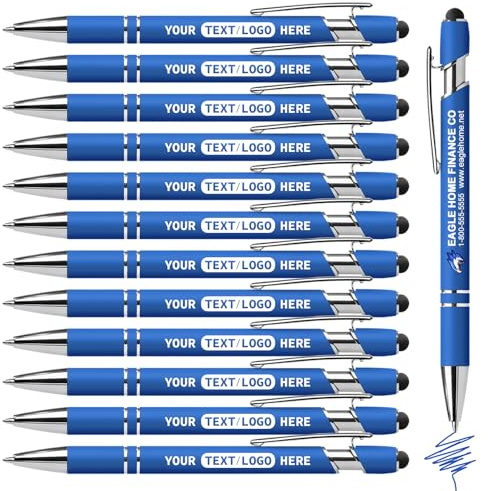 Vebermo Personalisierte Stifte mit blauer Tinte, personalisierbar, metallisch bedruckte Namensstifte mit Eingabestift, bedruckt mit Logo/Name/Text, tolles Geschenk für Büro, Lehrer und Studenten,