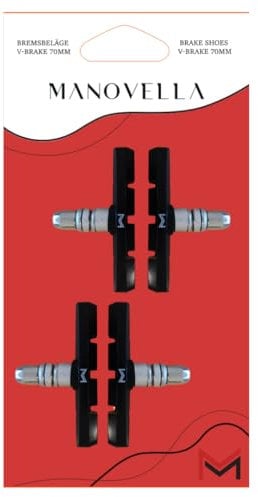 Manovella V-Brake Bremsschuhe 70 mm (2 Paar) – Fahrrad Bremsbeläge für V-Bremse, U-Bremse & Seitenzugbremse – kompatibel mit Shimano, Avid, Tektro, Sram – inkl. Befestigung – Schwarz