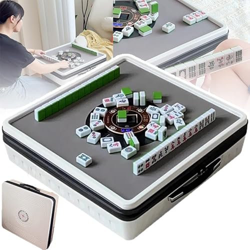 Tragbarer Elektrischer Mahjong-Tisch (Plug-In/Powerbank) + 144 Magnetische Spielsteine, Für Den Chinesischen Und Philippinischen Stil, Automatisch Mischender Mah-Jong-Tisch,White