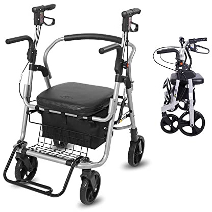 2-in-1-Rollator und Rollstuhl – Rollator mit gebogener Rückenlehne, weicher Sitzfläche für Senioren – Abnehmbare Aufbewahrungstasche – Trägt bis zu 100 kg