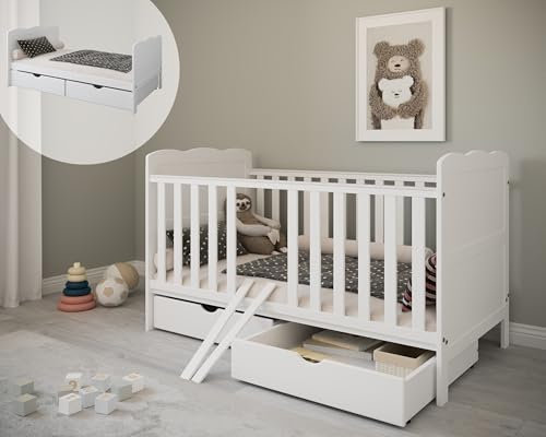 ZEEBRA - Babybett Kinderbett, 2w1 Bett Isabel - Dreistufige Einstellung, Nicht Sitzendes, Sitzendes und Stehendes Kind - Schutzbeißring - Zwei abnehmbare Sprossen - mit Schublade - 70x140x97cm, Weiß