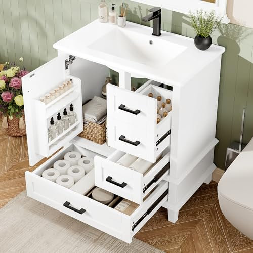 YuQozii 76 x 46 x 83,5 cm Armario de baño de pie con lavabo, lavabo, completamente lacado, estante para puerta, lavabo de cerámica integrado, tres cajones (blanco)