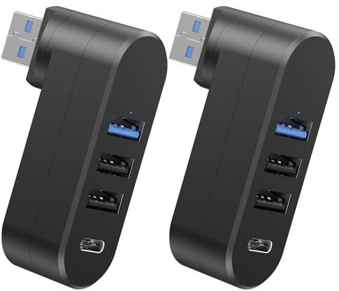 Hub USB 3.0 Multi USB Port (2xUSB-A 2.0 1xUSB-A 3.0 1x USB-C), 2 Pack Mini Multiport (90°/180° Rotatif) Multiprise USB Portable pour Pc Ordinateur Voiture Macbook Samsung Notebook Imprimante