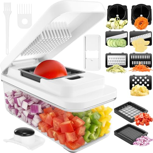 Vihoom Mandolina de Cocina, Cortador de Verdura y Espiralizador, Rallador de Verduras con 9 Cuchillas Intercambiables, Cortador verduras Manual para Tomates, Cebollas, Pepinos, Patatas