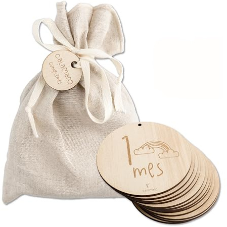 Calamaro - Cumplemes Bebé Madera – Set 12 Placas 1-11 Meses + 1 Año – Cumplemes Bebé Español – Regalo Recién Nacido – Hecho en España – Bolsa Lino Premium (Català)