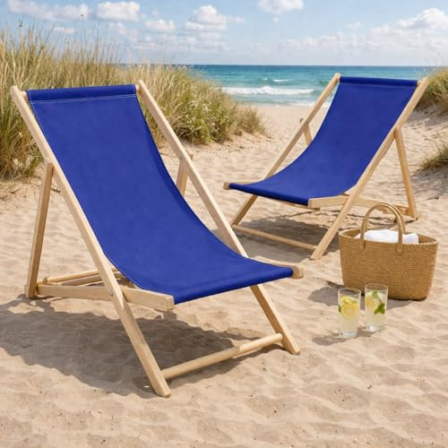 HAGO24 Strandliege Blau 2er Set Sonnenliege Gartenliege Liegestuhl Klappstuhl Holz Kiefernholz Polyester 3fach verstellbar faltbar Balkon Terrasse 120kg