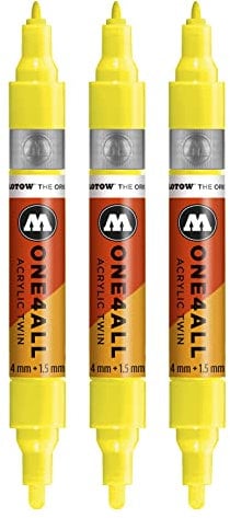 Molotow One4All Acrylic Twin Marker (Strichstärke 1,5 mm und 4 mm, hochdeckend und permanent) 3 Stück Farbe 220 neon gelb floureszierend